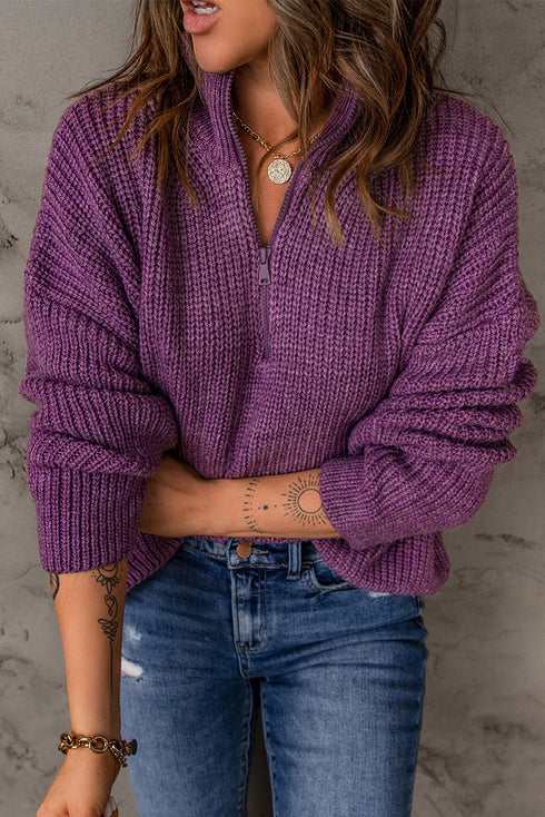 Zipped Turtleneck Drop Shoulder Knit Sweater